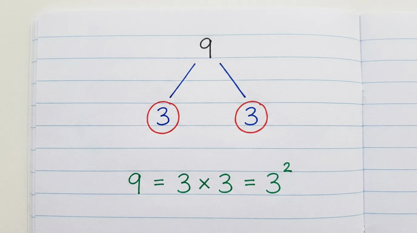 Handwritten factor tree of 9 splitting into two red-circled 3s, with 9 = 3 × 3 = 3² written below in green