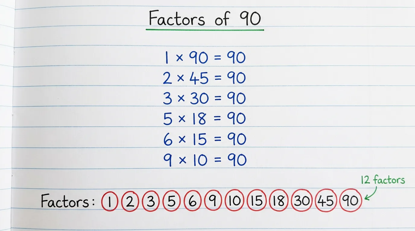 Handwritten notebook page titled Factors of 90 showing 1 × 90, 2 × 45, 3 × 30, 5 × 18, 6 × 15, 9 × 10 all equal to 90, with the twelve factors 1, 2, 3, 5, 6, 9, 10, 15, 18, 30, 45 and 90 circled in red and the note 12 factors
