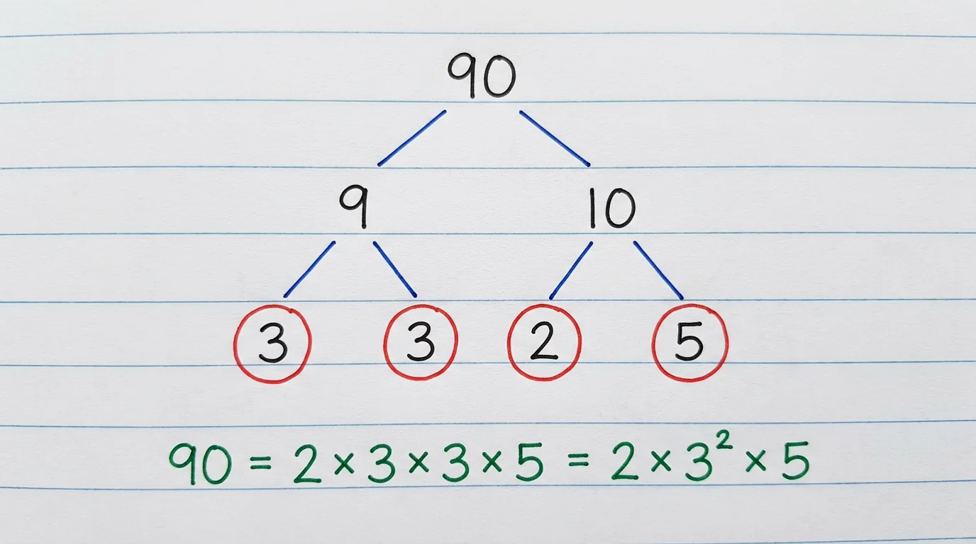 Handwritten factor tree of 90 splitting down to the circled primes 2, 3, 3 and 5, with 90 = 2 × 3 × 3 × 5 = 2 × 3² × 5 written below