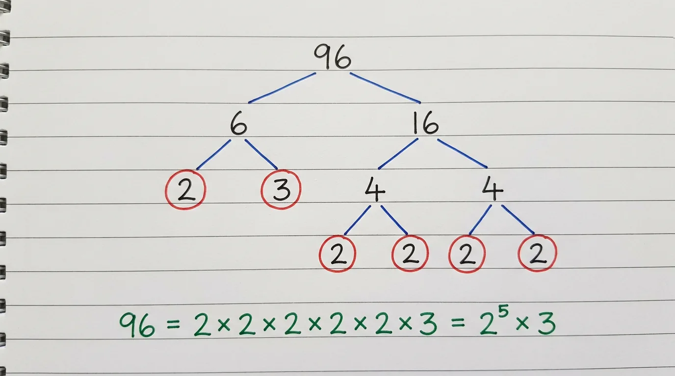 Handwritten factor tree of 96 splitting down to the circled primes 2, 2, 2, 2, 2 and 3, with 96 = 2 × 2 × 2 × 2 × 2 × 3 = 2⁵ × 3 written below