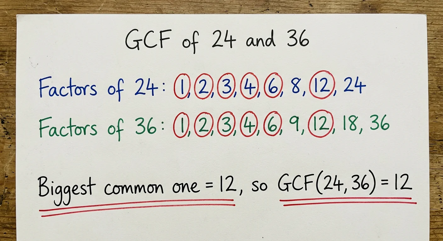 Handwritten work listing the factors of 24 and the factors of 36, with the common factors 1, 2, 3, 4, 6 and 12 circled in red, giving GCF(24, 36) = 12