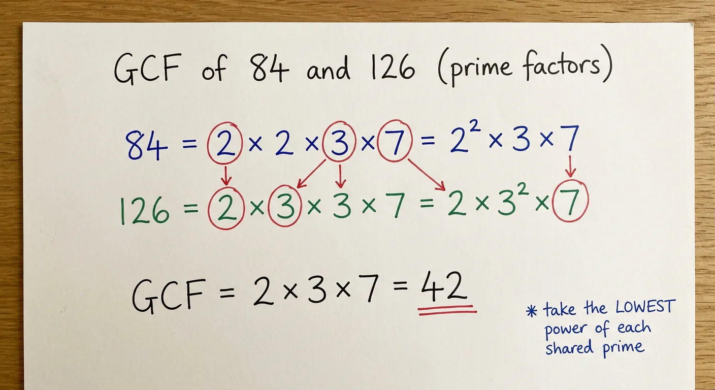 Handwritten prime factorizations 84 = 2 squared times 3 times 7 and 126 = 2 times 3 squared times 7, with the shared primes circled and GCF = 2 × 3 × 7 = 42
