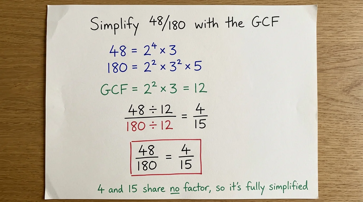 Handwritten simplification of 48 over 180: GCF is 2 squared times 3 which is 12, then 48 divided by 12 over 180 divided by 12 gives 4 over 15