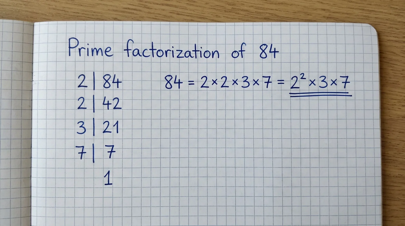Handwritten division ladder for 84: divide by 2 to get 42, by 2 to get 21, by 3 to get 7, by 7 to get 1, giving 84 = 2 × 2 × 3 × 7 = 2² × 3 × 7