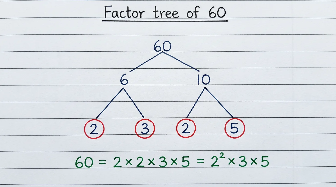 Handwritten factor tree of 60 splitting into 2 and 30, then 30 into 2 and 15, then 15 into 3 and 5, with the result 60 = 2 × 2 × 3 × 5 = 2² × 3 × 5 highlighted