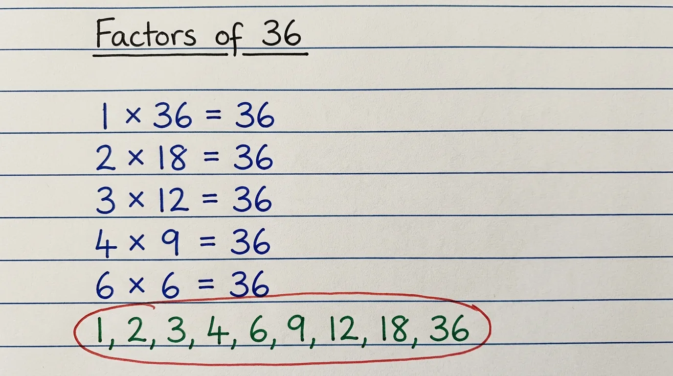 Handwritten notebook page listing the factor pairs of 36: 1 × 36, 2 × 18, 3 × 12, 4 × 9 and 6 × 6, with the factors 1, 2, 3, 4, 6, 9, 12, 18, 36 circled in yellow highlighter