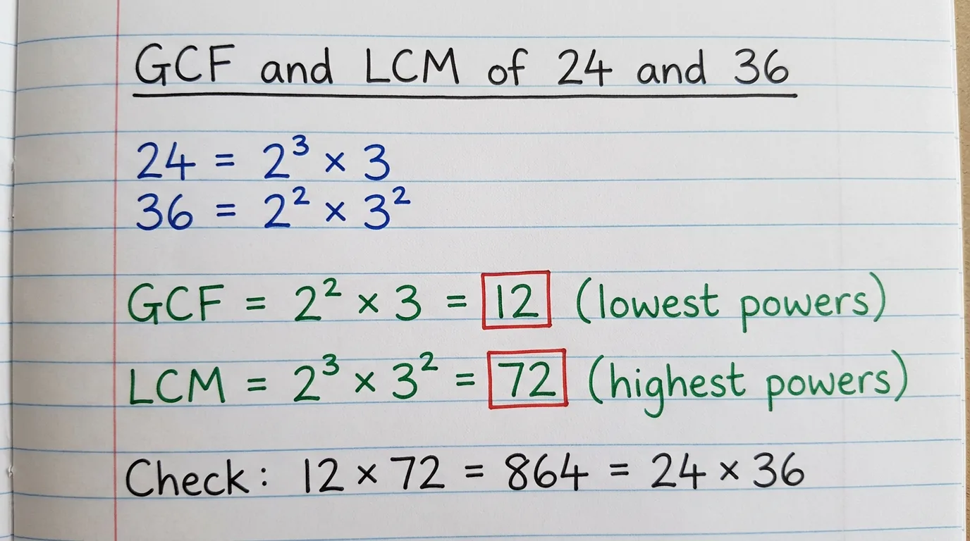 Handwritten work finding the GCF and LCM of 24 and 36 using prime factorizations: GCF = 12 and LCM = 72, checked by 12 × 72 = 864 = 24 × 36