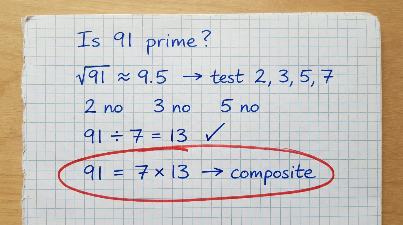 Handwritten test showing that 91 is not prime: the square root of 91 is about 9.5, 2, 3 and 5 do not divide it, but 91 ÷ 7 = 13, so 91 = 7 × 13 is composite