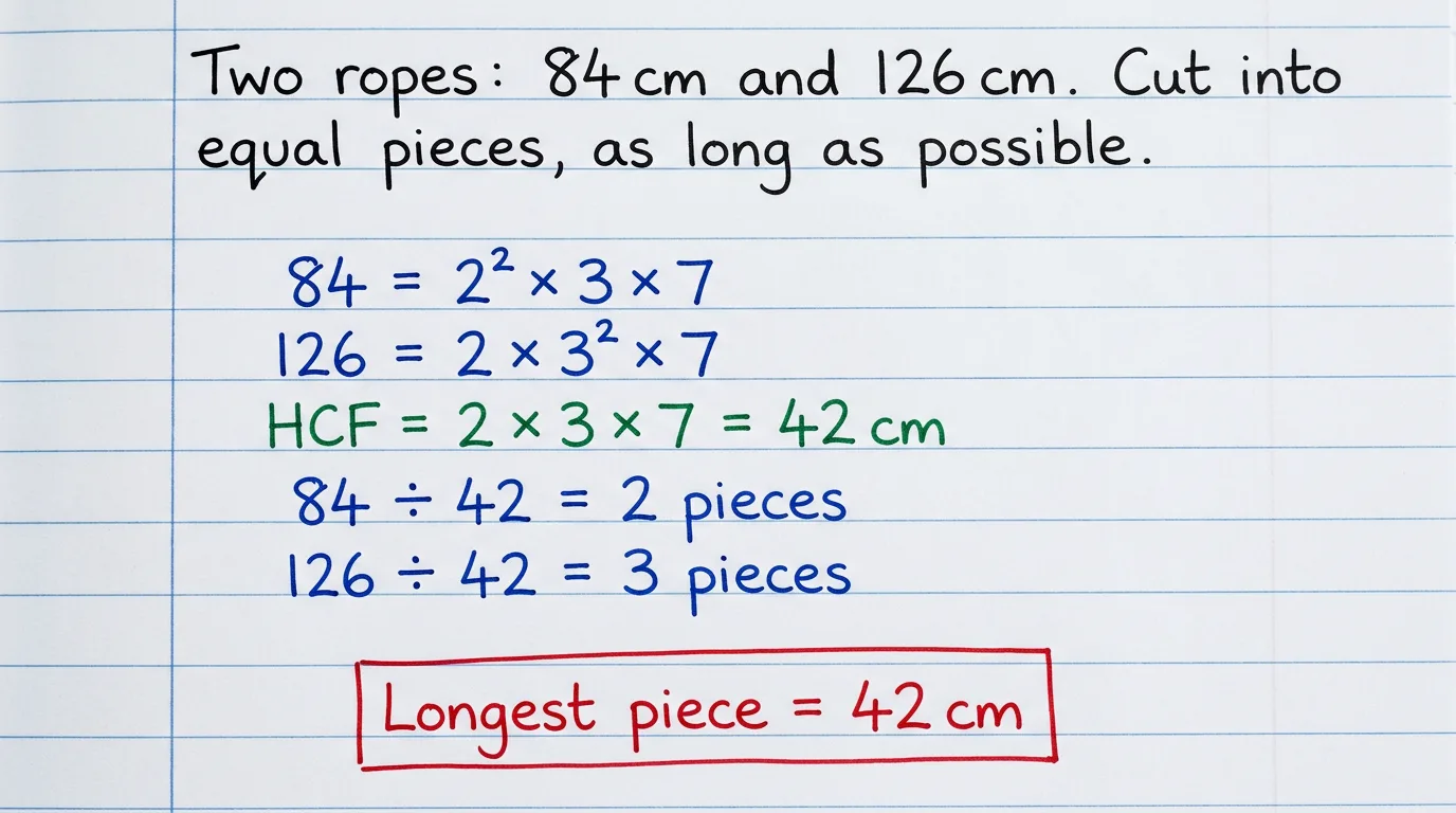Handwritten word problem for two ropes of 84 cm and 126 cm: 84 = 2 squared times 3 times 7 and 126 = 2 times 3 squared times 7, HCF = 2 × 3 × 7 = 42 cm, giving 2 pieces and 3 pieces