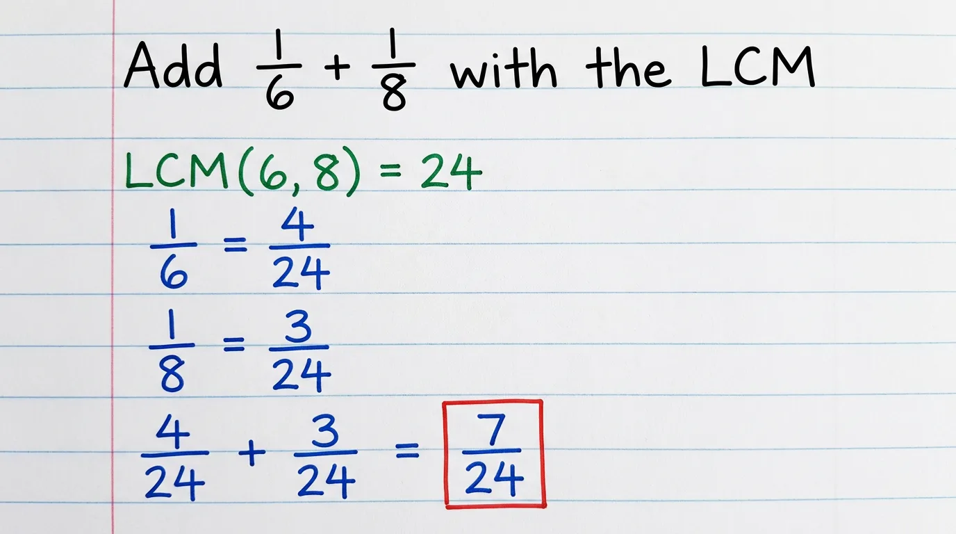 Handwritten work adding 1 over 6 plus 1 over 8: LCM(6, 8) = 24, so 1 over 6 = 4 over 24 and 1 over 8 = 3 over 24, giving 7 over 24