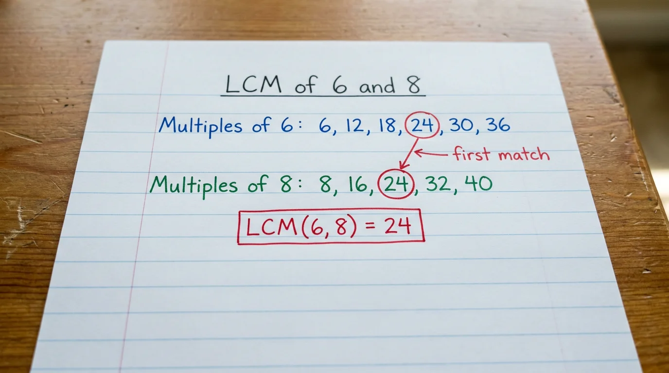Handwritten lists of multiples of 6 (6, 12, 18, 24, 30, 36) and multiples of 8 (8, 16, 24, 32, 40) with 24 circled as the first match, so LCM(6, 8) = 24
