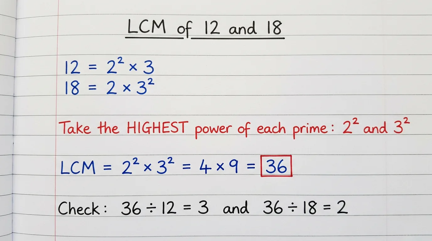 Handwritten work: 12 = 2 squared times 3 and 18 = 2 times 3 squared, take the highest power of each prime, LCM = 2 squared times 3 squared = 4 times 9 = 36, checked by 36 divided by 12 = 3 and 36 divided by 18 = 2