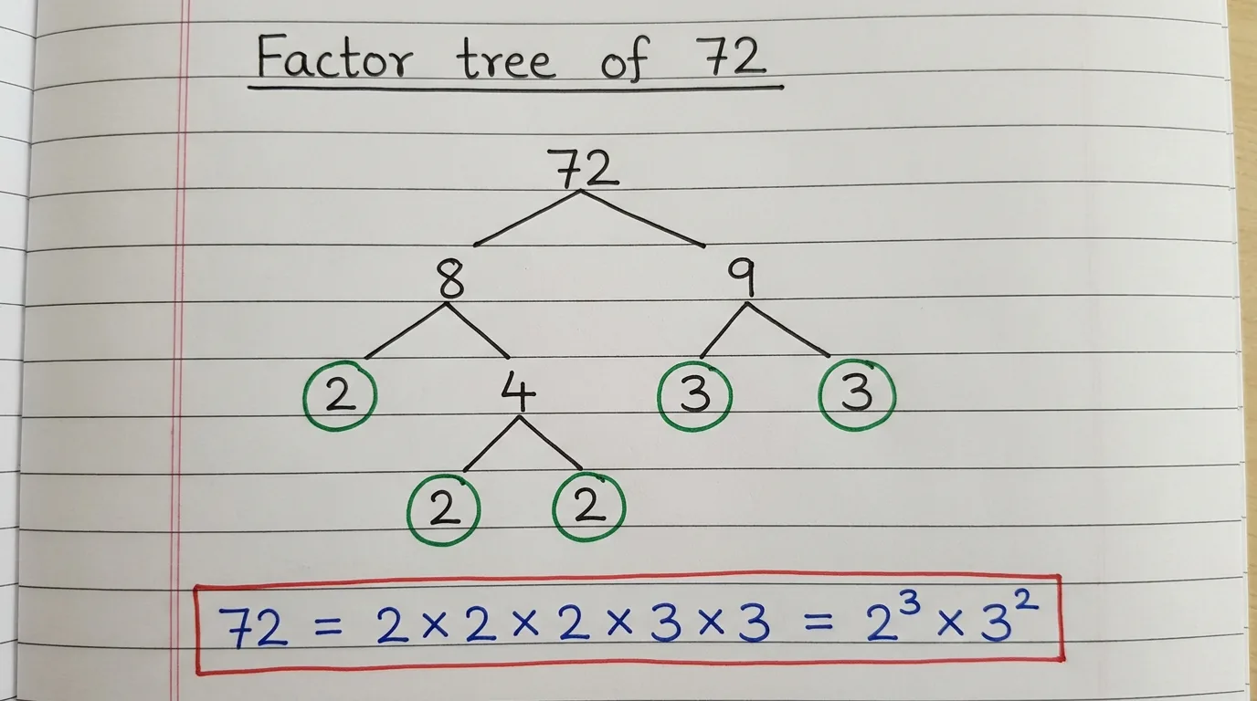 Handwritten factor tree of 72: 72 splits into 8 and 9, 8 splits into 2 and 4, 4 splits into 2 and 2, 9 splits into 3 and 3, so 72 = 2 × 2 × 2 × 3 × 3 = 2 cubed times 3 squared